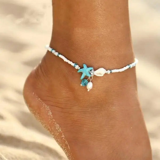 Tobillera boho de star de mar turquesa con conchas y abalorios
