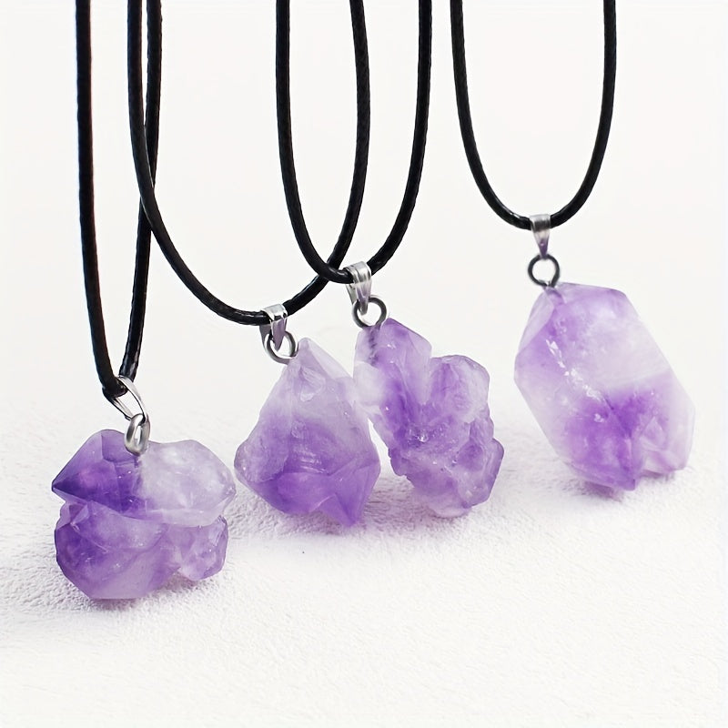 Collar con colgante de cristal de piedra cruda de amatista natural, cordón de cuero