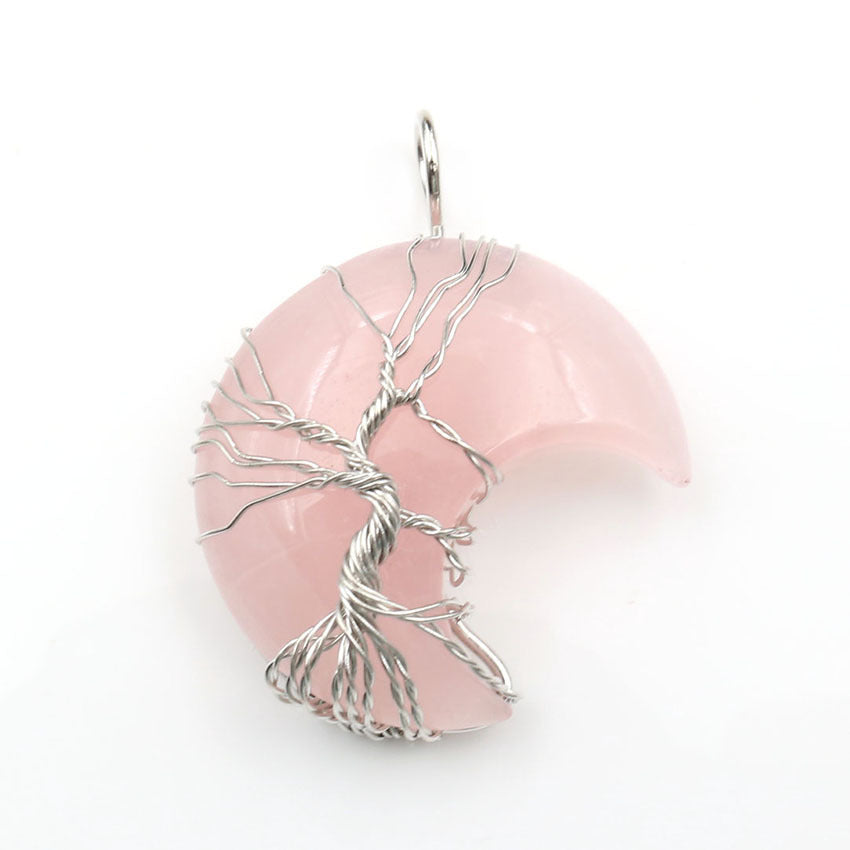 Colgante de piedra curativa del árbol de la vida en forma de luna con cadena