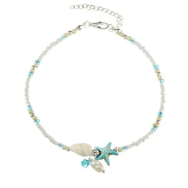 Tobillera boho de star de mar turquesa con conchas y abalorios