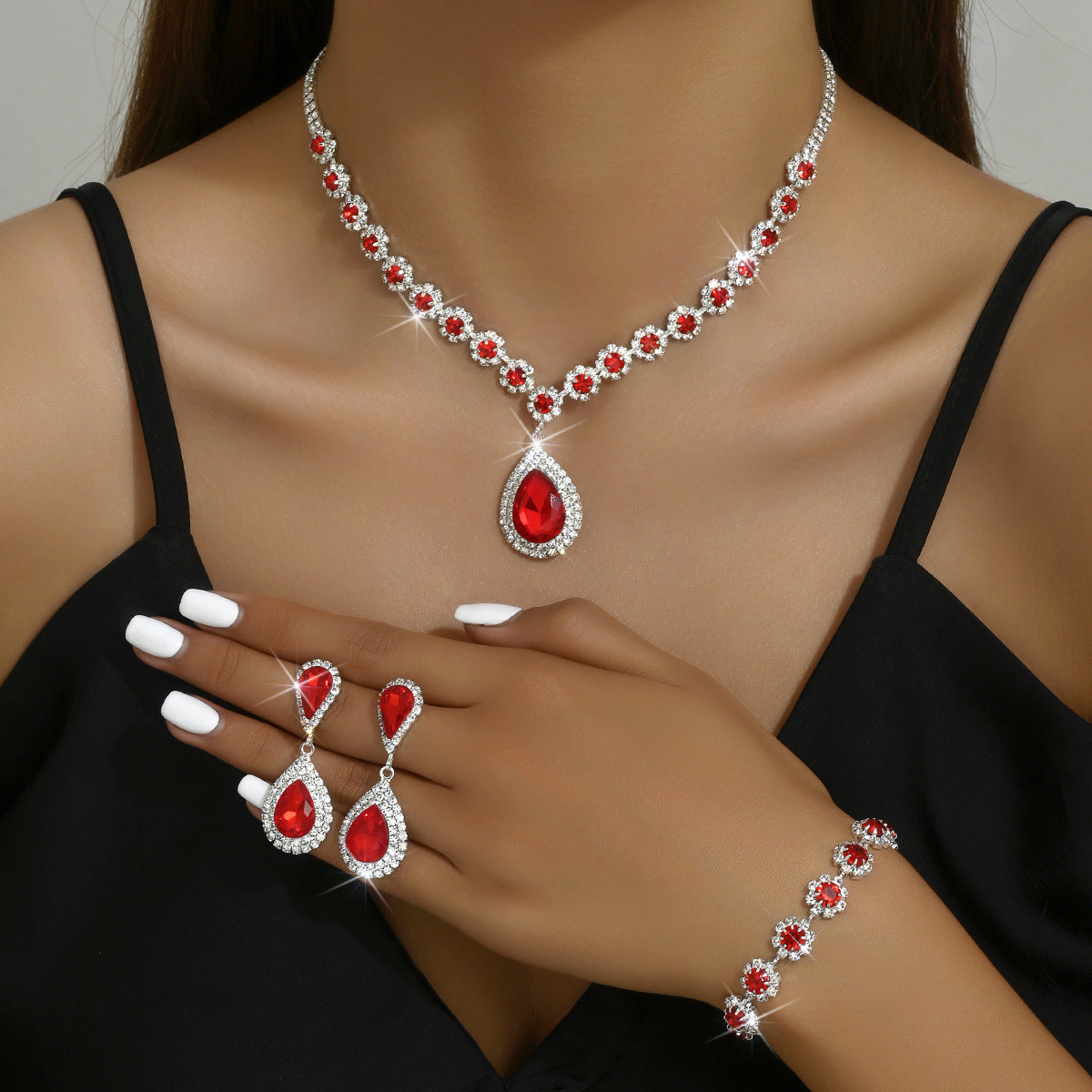 Elegante conjunto de joyería nupcial con diamantes de imitación y colgante en forma de lágrima para bodas y fiestas