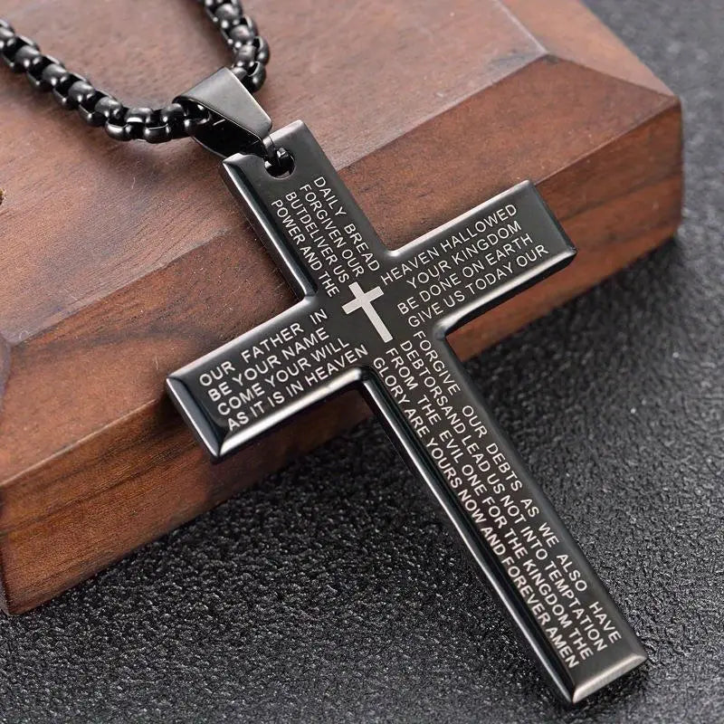 Collar moderno con cruz de acero inoxidable para hombre, grabado de oración