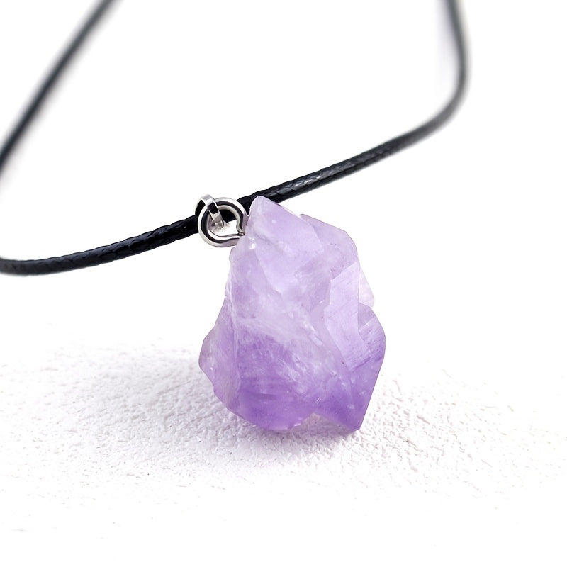 Collar con colgante de cristal de piedra cruda de amatista natural, cordón de cuero