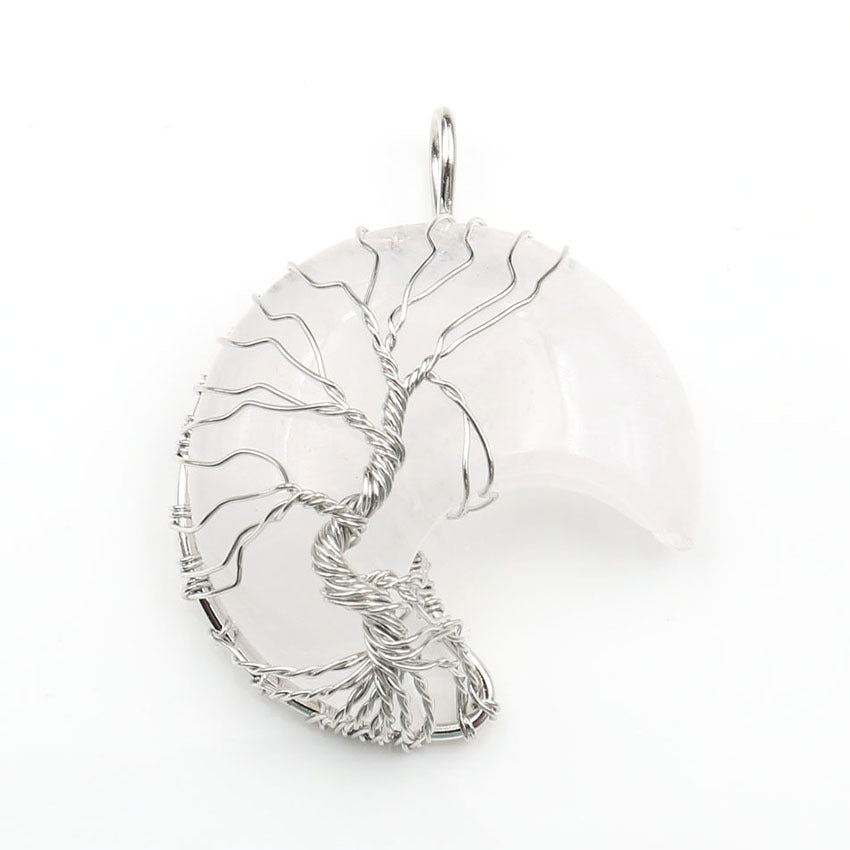 Colgante de piedra curativa del árbol de la vida en forma de luna con cadena