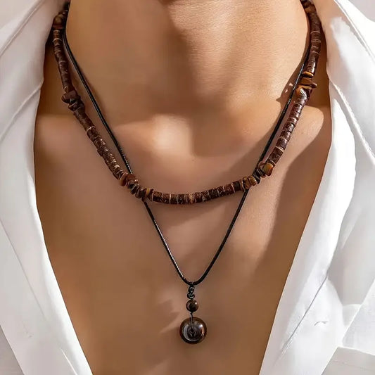 Collar de hombre con cuentas de coco, turquesa y piedra ojo de tigre