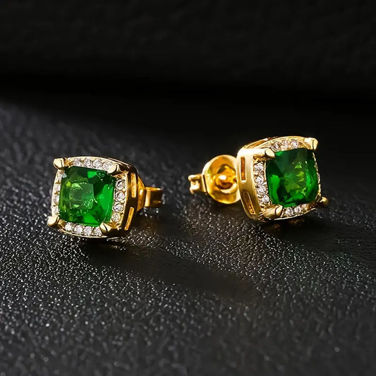 Pendientes cuadrados de piedras preciosas de color verde esmeralda con halo de circonita cúbica