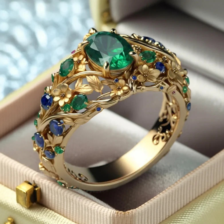 Anillo Floral de Lujo con Cristales Verdes y Azules