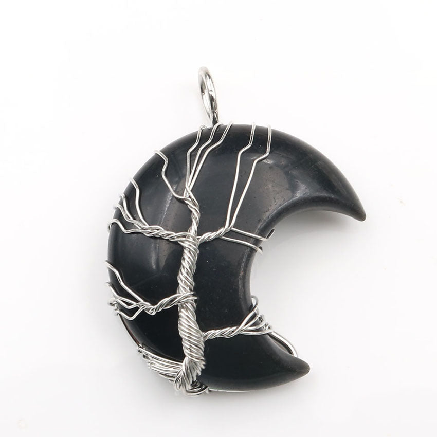 Colgante de piedra curativa del árbol de la vida en forma de luna con cadena