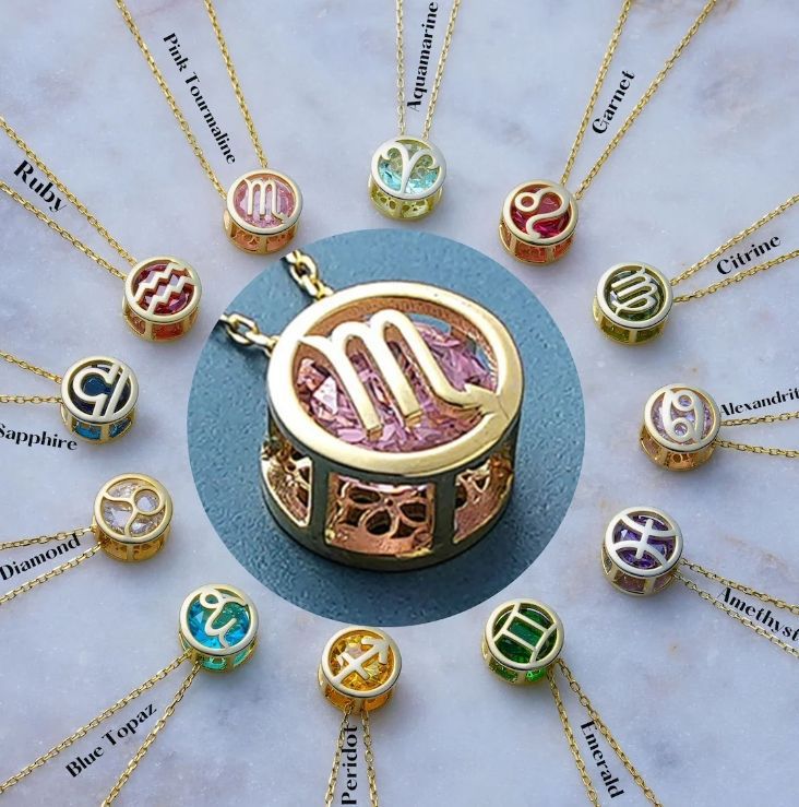 Collar de signo del zodíaco de doble cara con detalles en piedras de nacimiento