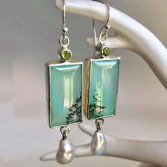 Pendientes colgantes rectangulares de turquesa con peridoto y perlas de agua dulce