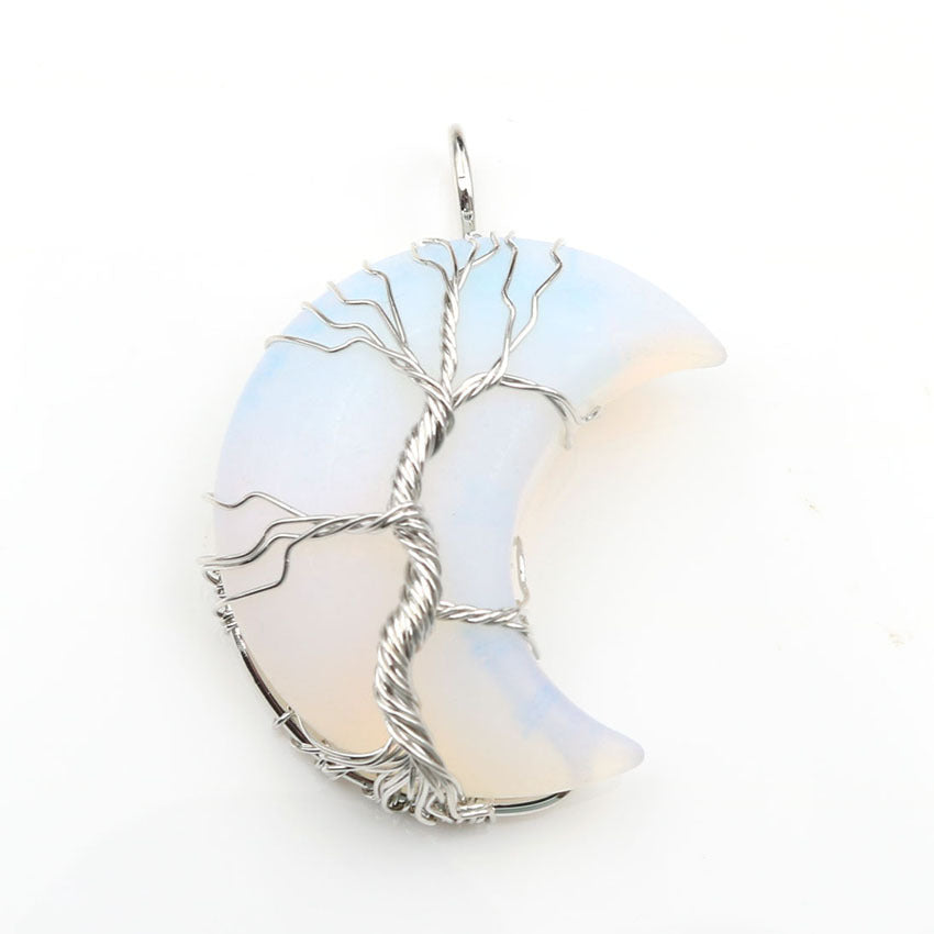 Colgante de piedra curativa del árbol de la vida en forma de luna con cadena