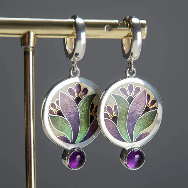 Pendientes Boho Cristal Esmaltado Morado con Piedras Preciosas Amatista