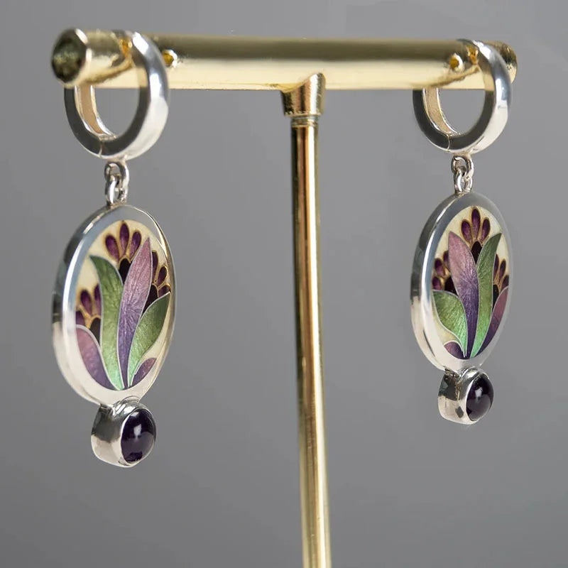 Pendientes Boho Cristal Esmaltado Morado con Piedras Preciosas Amatista
