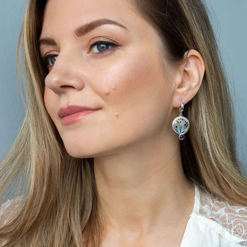 Pendientes Boho Cristal Esmaltado Morado con Piedras Preciosas Amatista