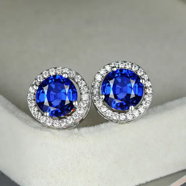 Pendientes con halo de circonita cúbica azul zafiro y cristales