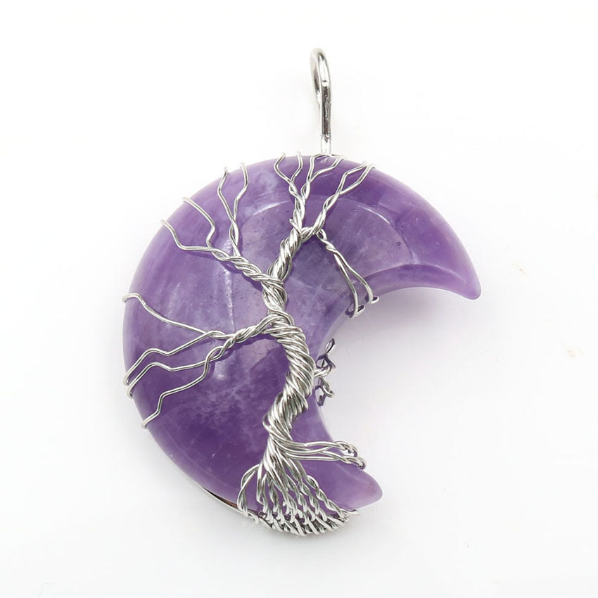 Colgante de piedra curativa del árbol de la vida en forma de luna con cadena