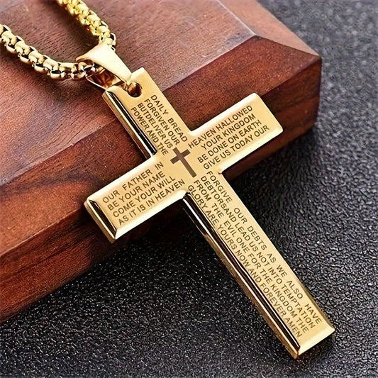 Collar moderno con cruz de acero inoxidable para hombre, grabado de oración