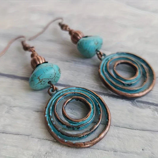 Pendientes espirales de cobre boho con piedra turquesa real