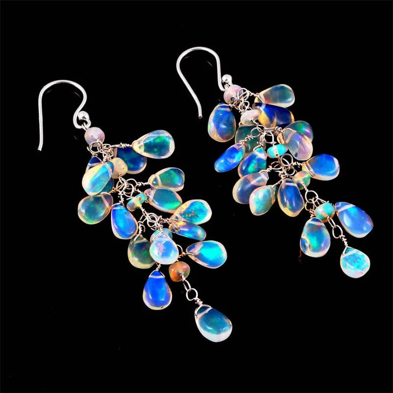 Pendientes colgantes de hojas de piedra lunar azul en estilo vintage
