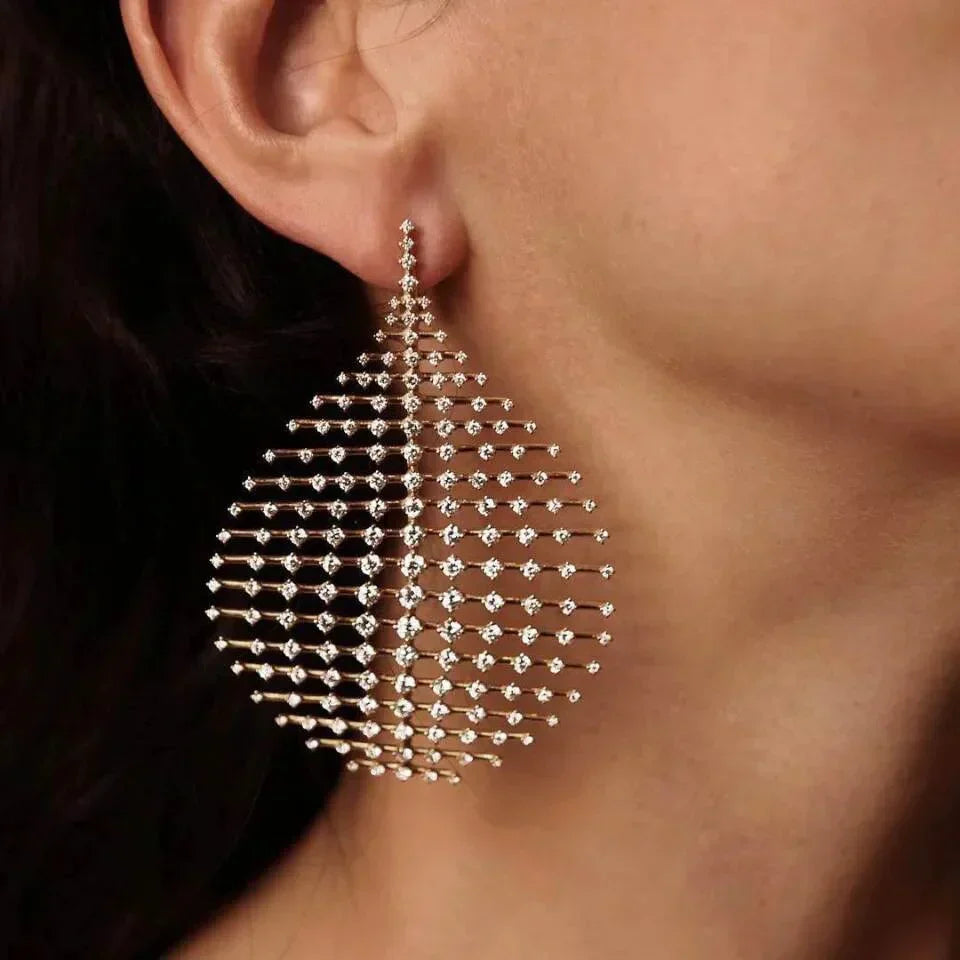 Pendientes colgantes con circonitas brillantes y diseño de rejilla geométrica para mujer