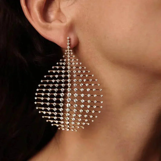 Pendientes colgantes con circonitas brillantes y diseño de rejilla geométrica para mujer