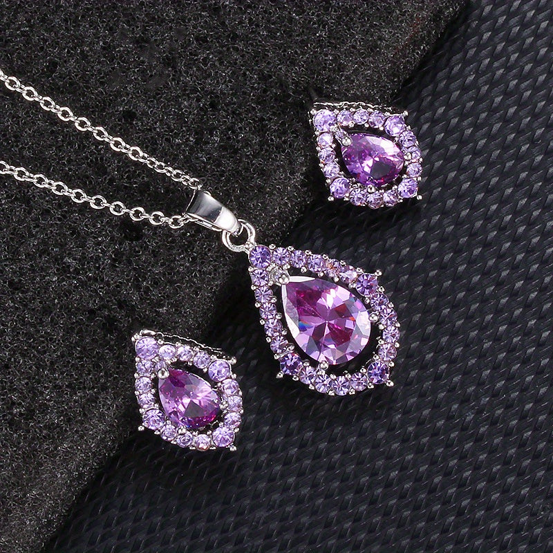 Elegante conjunto de joyas en forma de lágrima de amatista morada con collar y pendientes