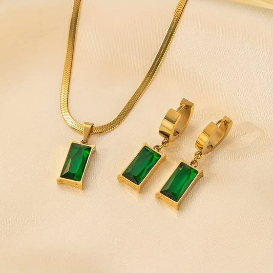 Elegante conjunto de joyería verde esmeralda: colgante rectangular y pendientes a juego