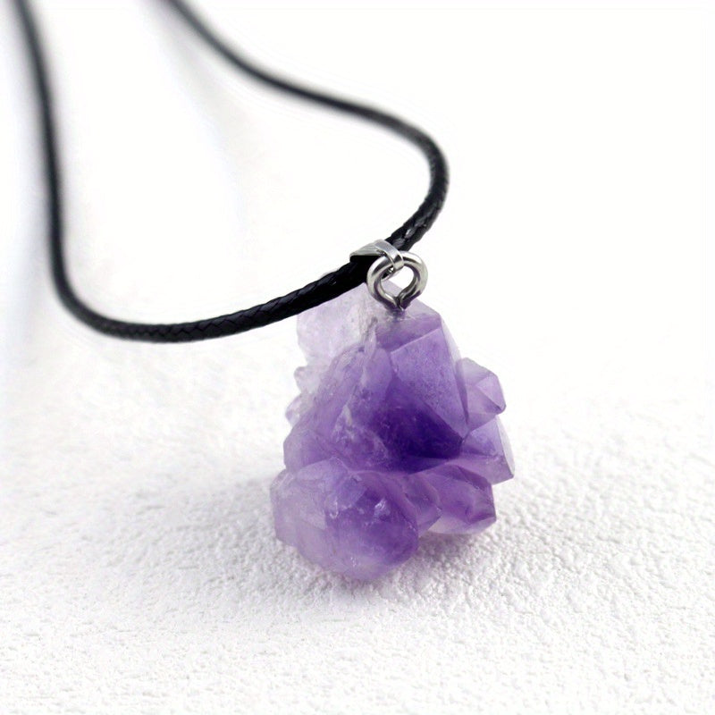 Collar con colgante de cristal de piedra cruda de amatista natural, cordón de cuero