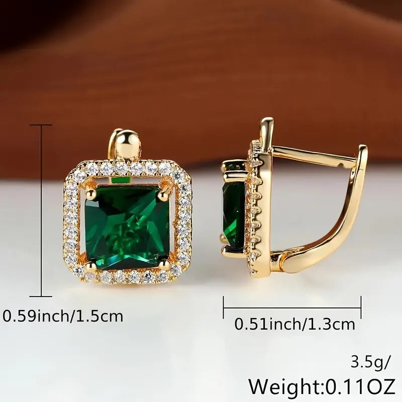 Pendientes glamorosos con circonita verde cuadrada y corona de strass