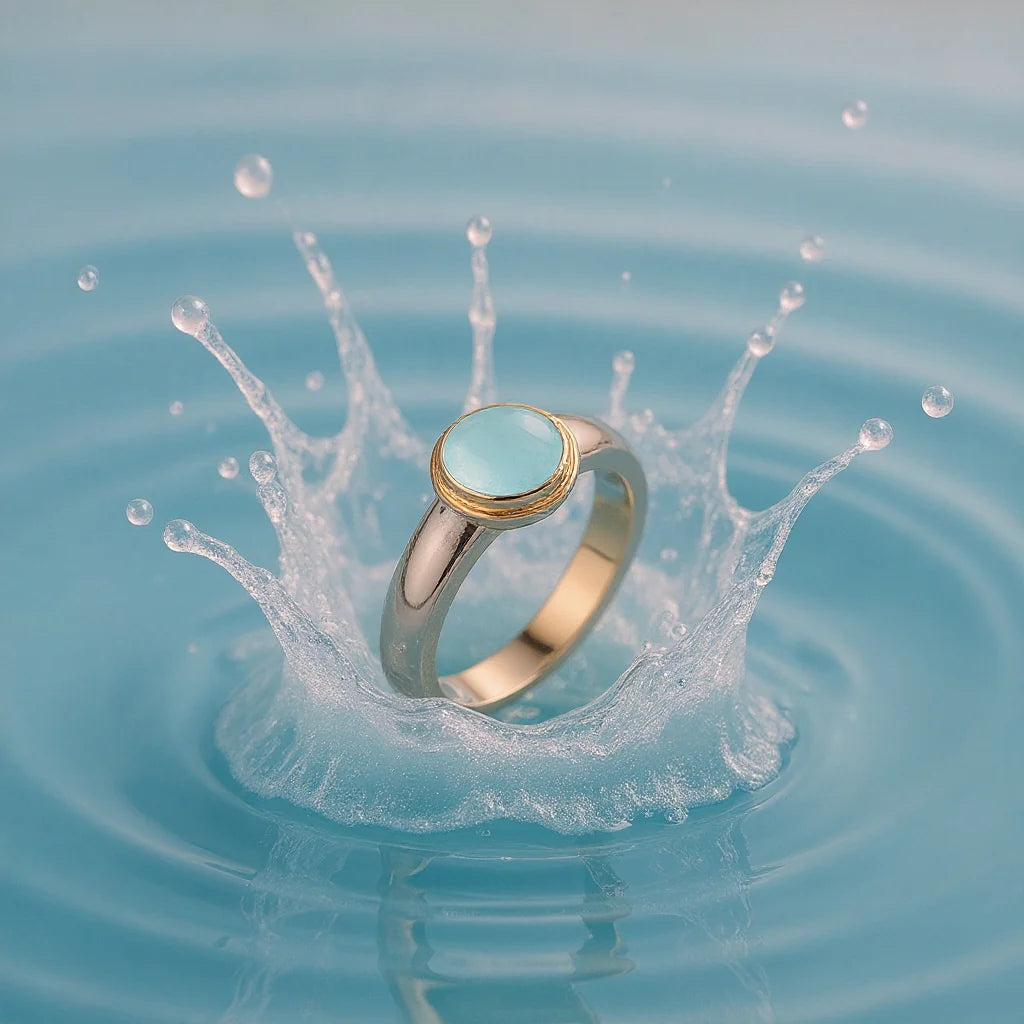 Anillo Bicolor con Piedra Calcedonia Aguamarina