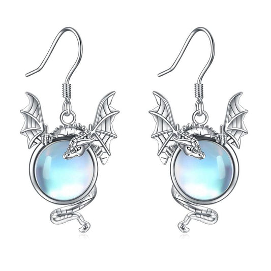 Pendientes de dragón místicos con piedra lunar brillante y alas de filigrana