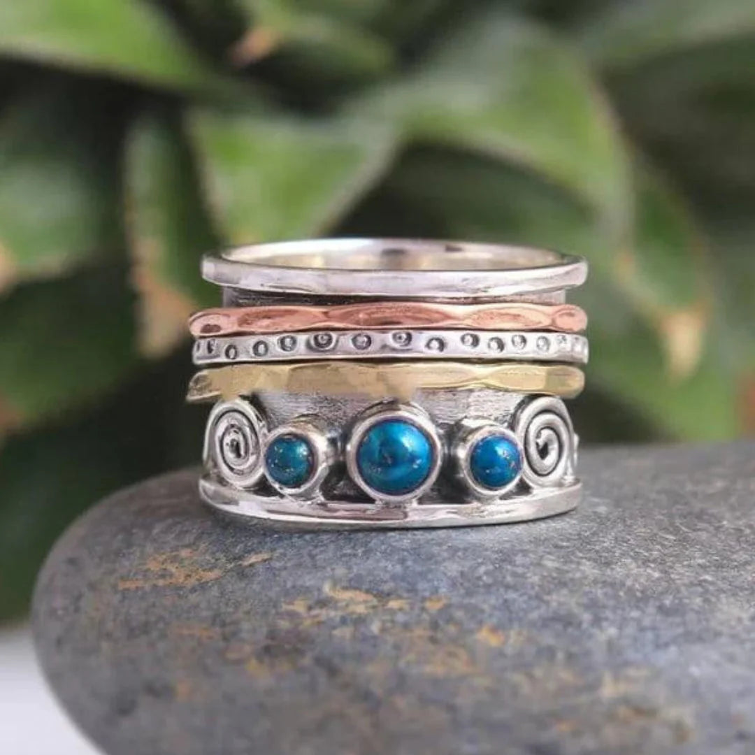 Anillo Vintage Multicapa con Piedras Turquesa