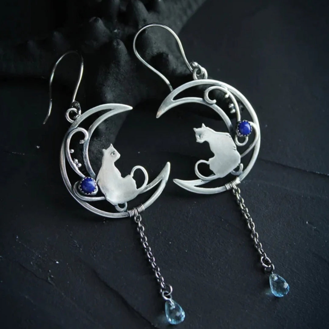 Pendientes Gato en Luna Creciente con Gotas de Circonitas Azules