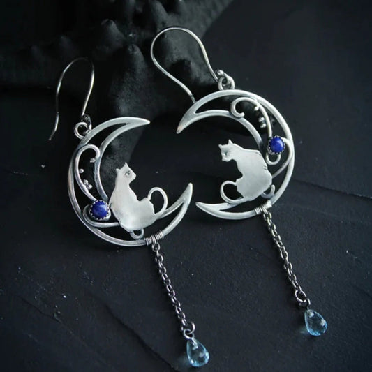 Pendientes Gato en Luna Creciente con Gotas de Circonitas Azules