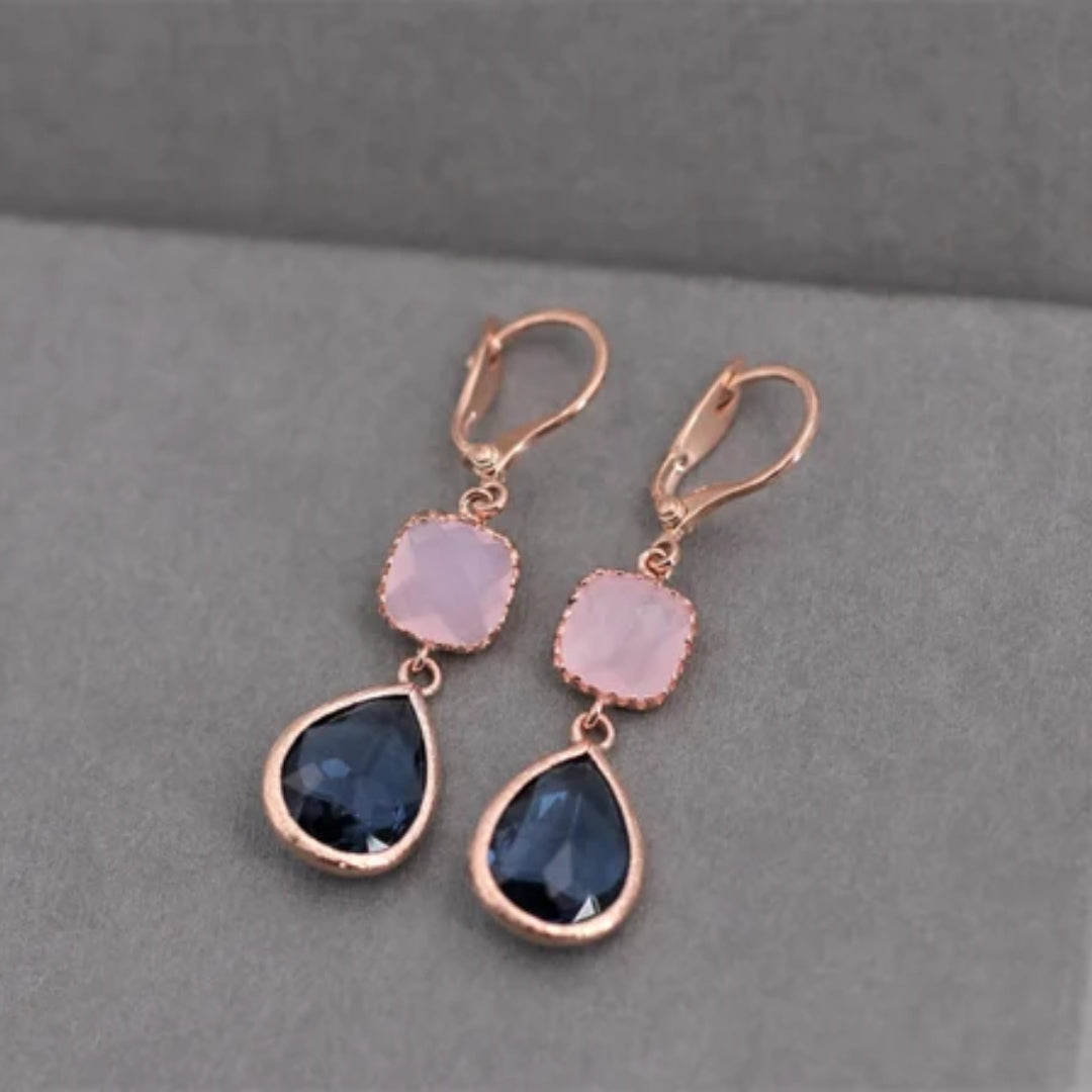 Pendientes elegantes con gotas de cuarzo rosa y azul zafiro