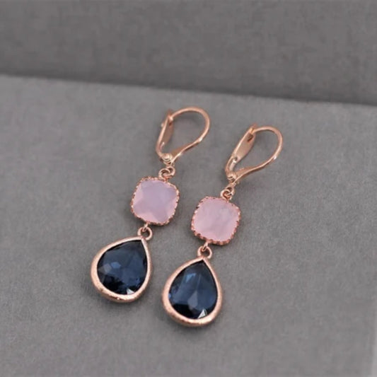 Pendientes elegantes con gotas de cuarzo rosa y azul zafiro