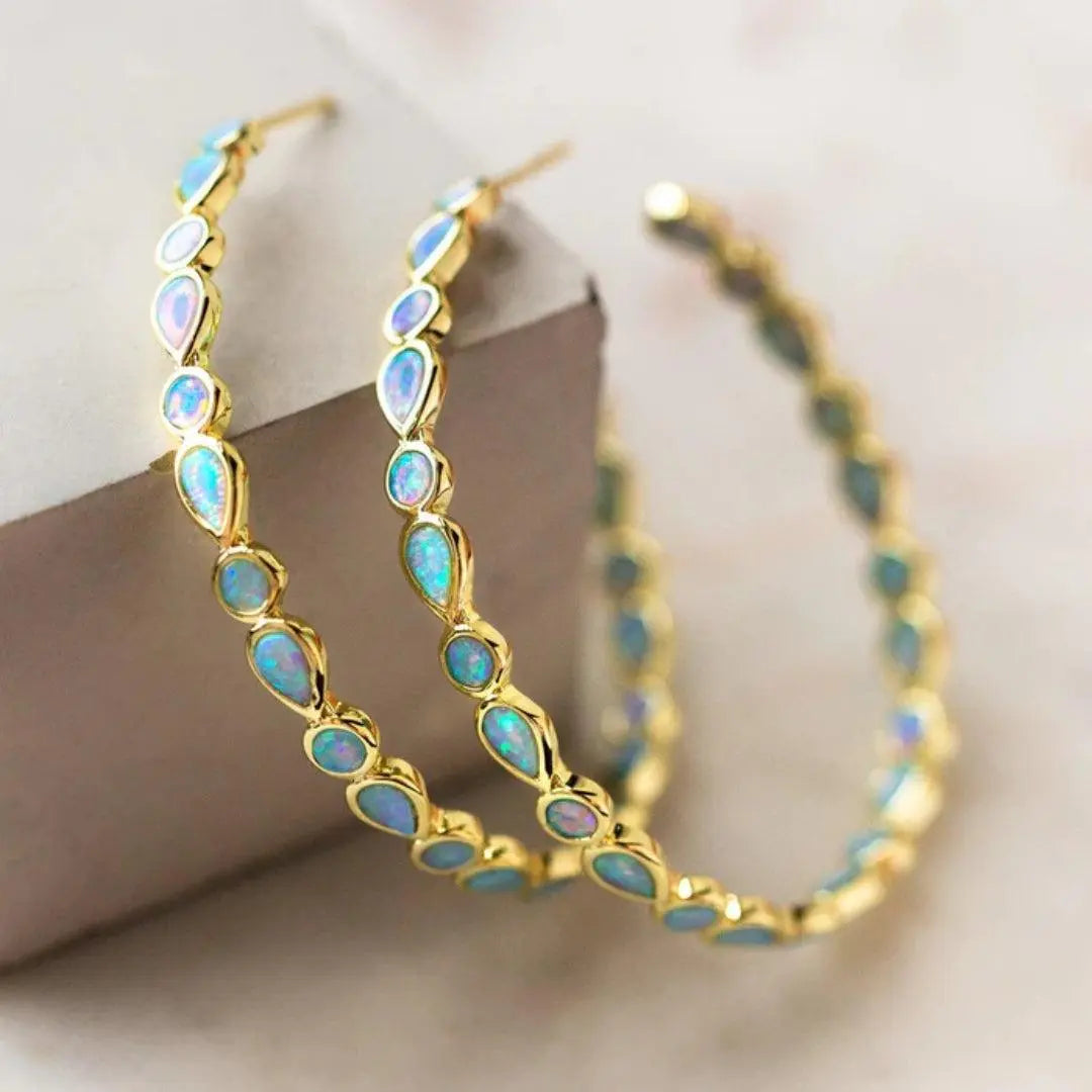 Pendientes de aro elegantes con forma de lágrima de ópalo para mujer