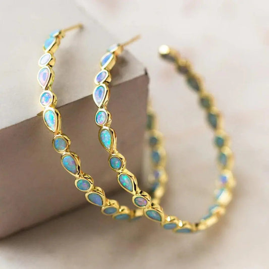 Pendientes de aro elegantes con forma de lágrima de ópalo para mujer