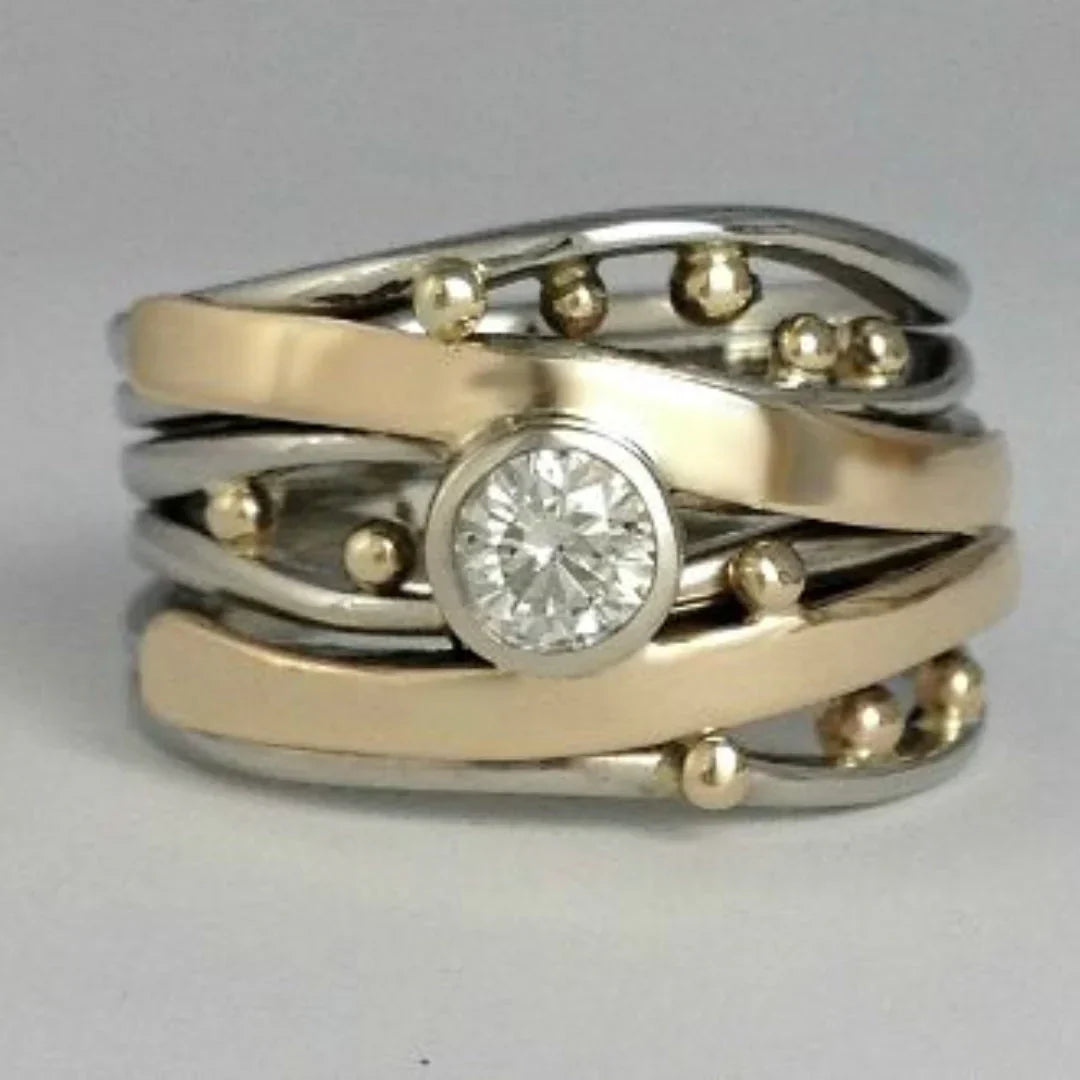 Anillo vintage de acero inoxidable de dos tonos con engaste de diamantes frotados