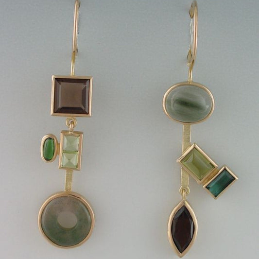 Pendientes vintage asimétricos con ágata verde y cuarzo ahumado