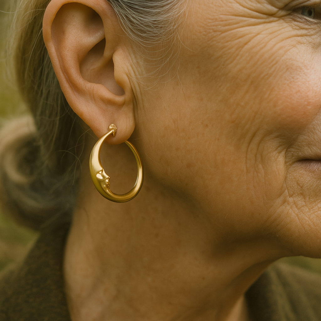 Pendientes de aro elegantes en color dorado con diseño de cara de luna antigua