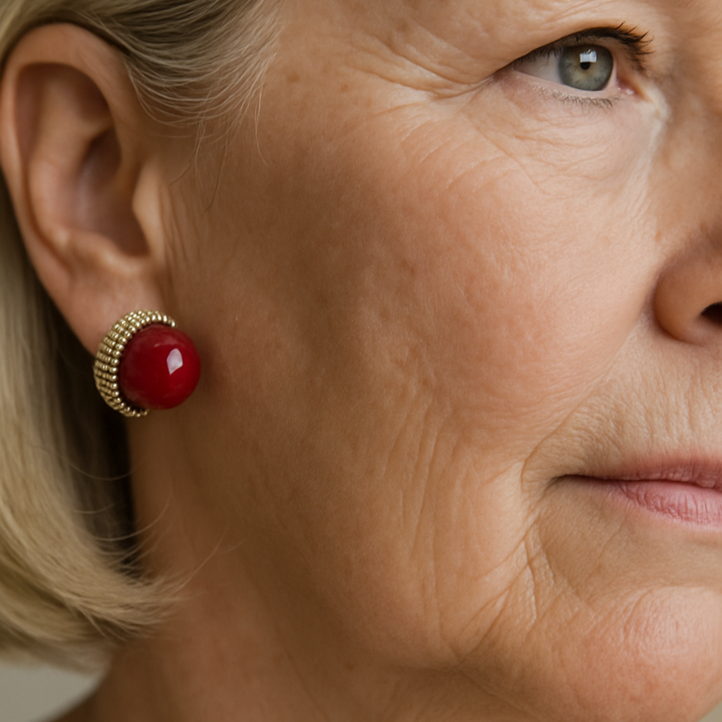 Elegantes pendientes de cabujón rojo con colgantes de strass y perlas