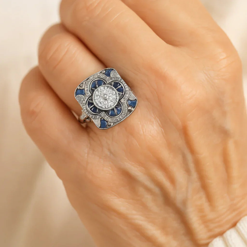 Anillo Art Déco de Plata con Circonia Cúbica Azul