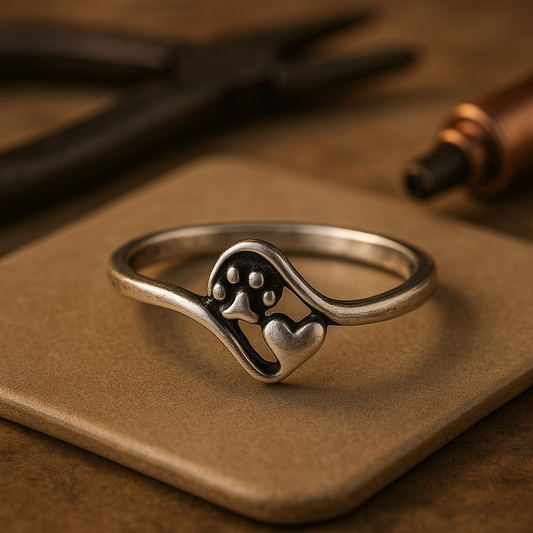 Anillo de plata vintage con pata y corazón