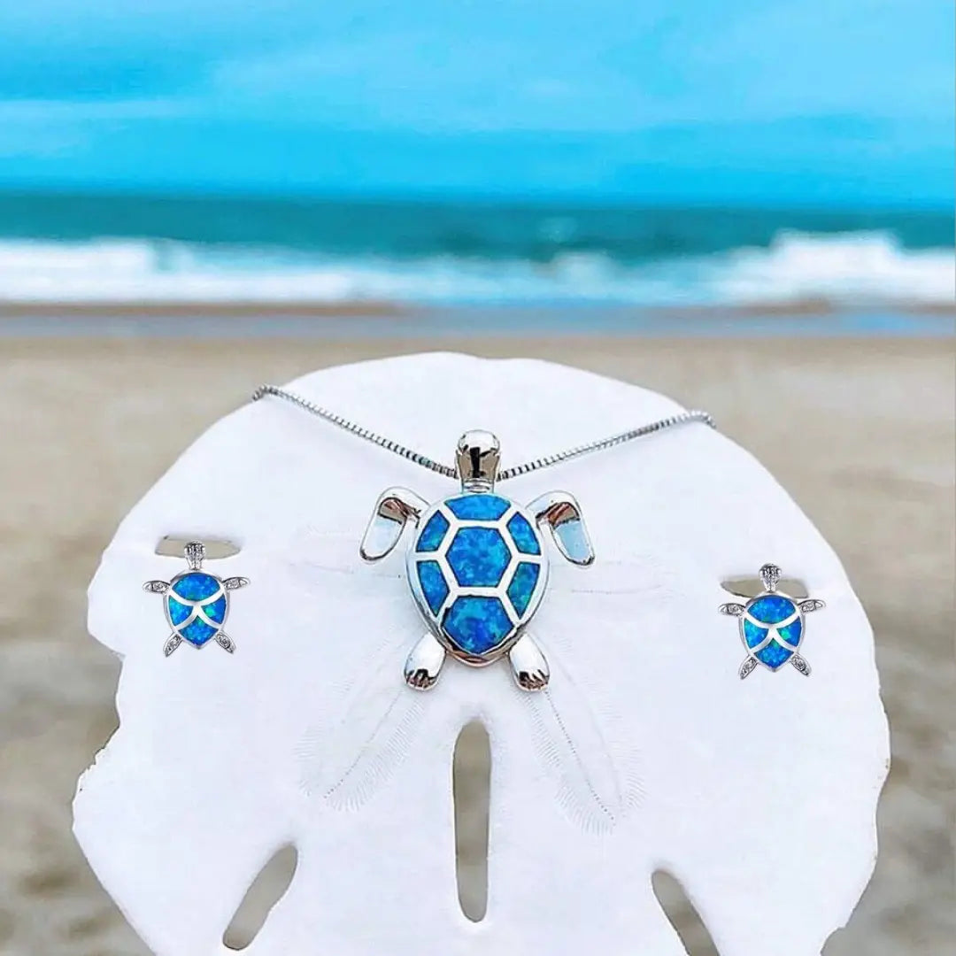 Conjunto de joyas de tortuga de ópalo con collar estilo mar y pendientes