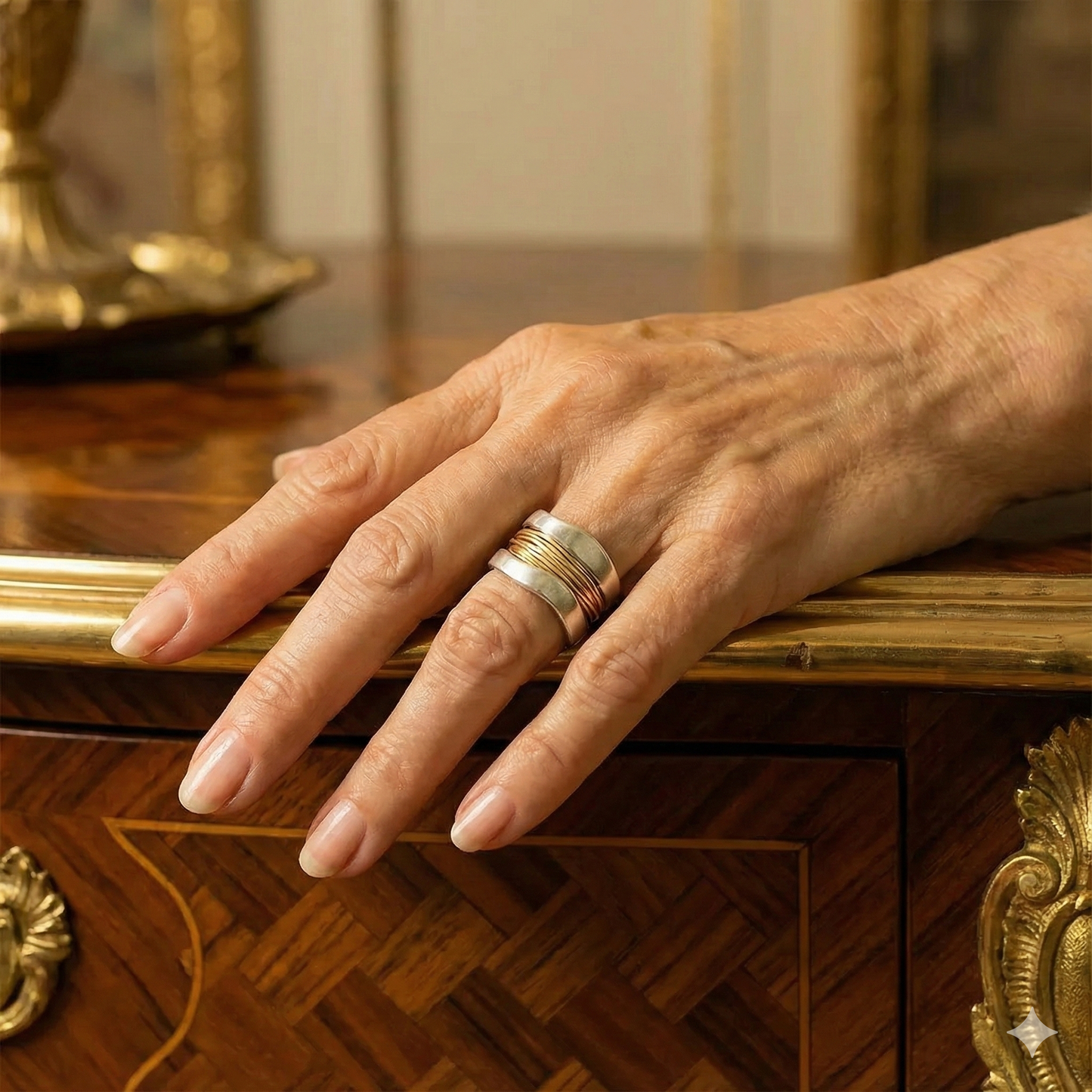 Anillo con fibras doradas
