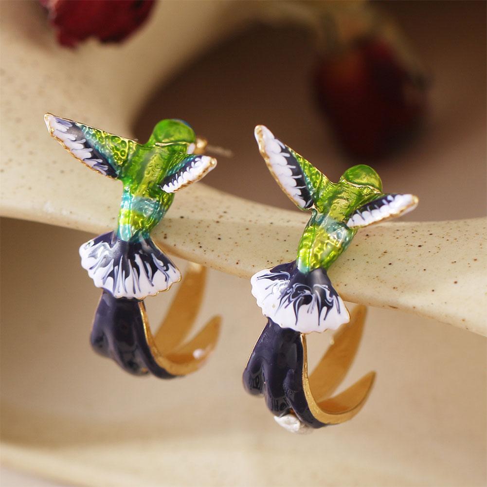 Pendientes exóticos de esmalte de colibrí con diseño único