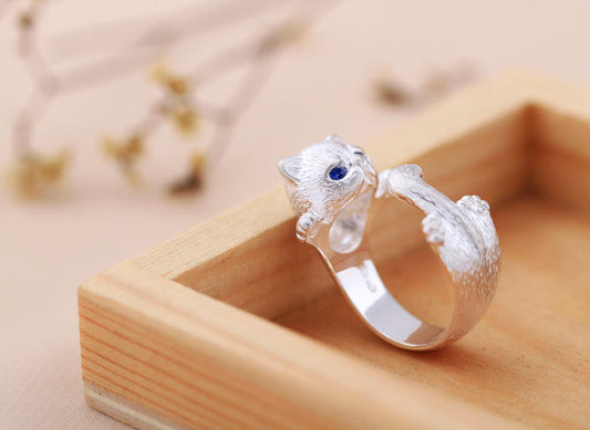Anillo Ajustable de Plata con Gatito
