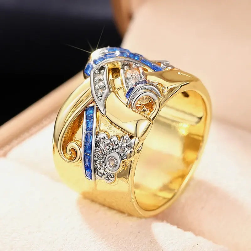 Anillo Vintage Dorado con Circonitas Cúbicas Azules