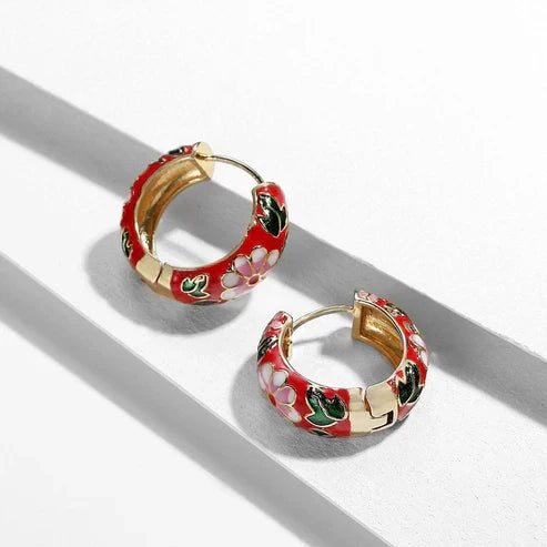 Pendientes de aro florales elegantes: pendientes de esmalte vibrante con estampado de flores